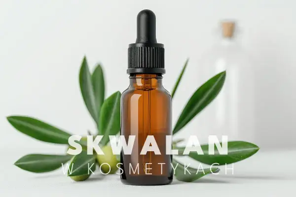 Brązowa buteleczka z pipetą, gałązka oliwna i tekst "SKWALAN W KOSMETYKACH". Skwalan to cenny składnik pielęgnacyjny.