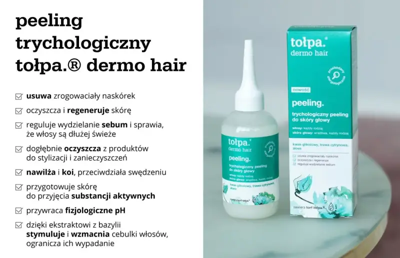 Peeling trychologiczny Tołpa dermo hair do skóry głowy przetłuszczającej się. Oczyszcza, regeneruje i reguluje sebum, zapewniając dłużej świeże włosy.