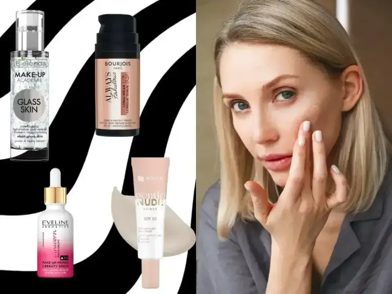Kobieta nakłada bazę pod makijaż, obok kosmetyki: Bielenda, Bourjois, Eveline i Gentle Nudie.