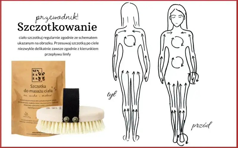 Szczotkowanie na sucho ciała zgodnie z kierunkiem przepływu limfy. Schemat masażu i szczotka do ciała.
